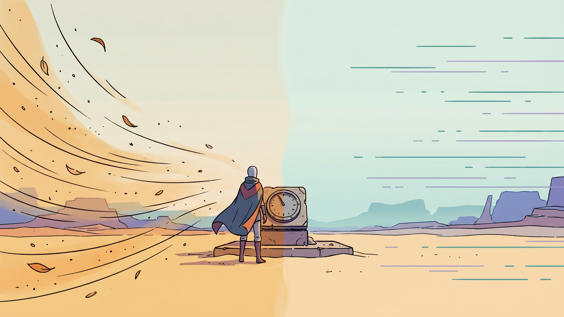 Illustration in the Sable / Mœbius style: a lone figure stands beside a stone dial on a desert plain where swirling wind-blown sand on one side freezes into perfectly still marks on the other, symbolizing motion reduced on demand.
