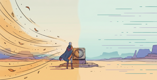 Illustration in the Sable / Mœbius style: a lone figure stands beside a stone dial on a desert plain where swirling wind-blown sand on one side freezes into perfectly still marks on the other, symbolizing motion reduced on demand.
