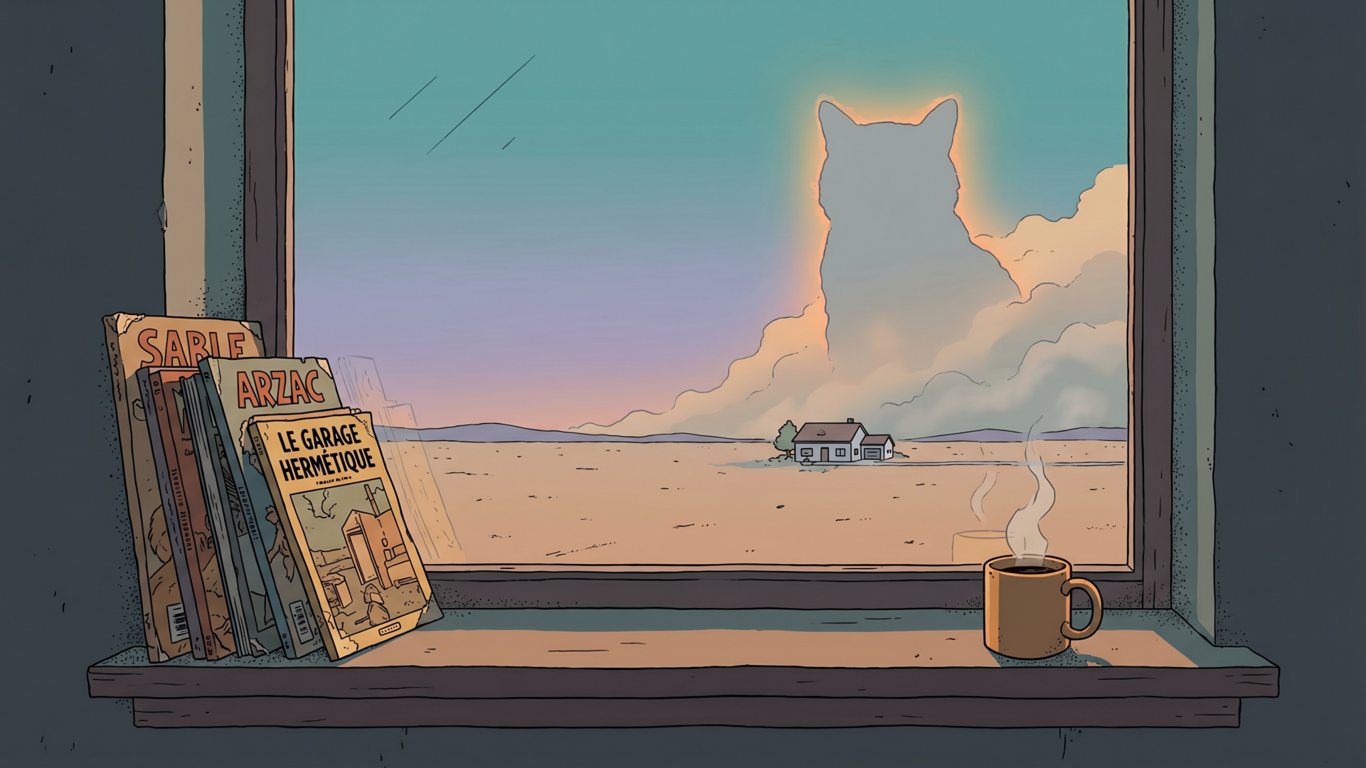 Illustration in the Sable / Mœbius style: from a dim cosy room, a stack of worn comic books sits on a windowsill while beyond, across an empty plain, a colossal featureless cat-like entity rises from a boiling sky over a tiny distant house, bathed in an eerie orange glow.