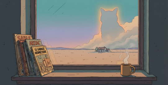 Illustration in the Sable / Mœbius style: from a dim cosy room, a stack of worn comic books sits on a windowsill while beyond, across an empty plain, a colossal featureless cat-like entity rises from a boiling sky over a tiny distant house, bathed in an eerie orange glow.