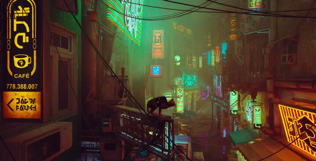 A vibrant neon-lit urban alleyway at night, filled with various illuminated signs displaying Asian characters. The scene is tinged in shades of green, orange, and pink. Multiple overhead wires crisscross the scene, and a cat perches on a sloped rooftop in the foreground. In the distance, a silhouette of a person can be seen standing in an illuminated doorway. The atmosphere is reminiscent of a cyberpunk setting.