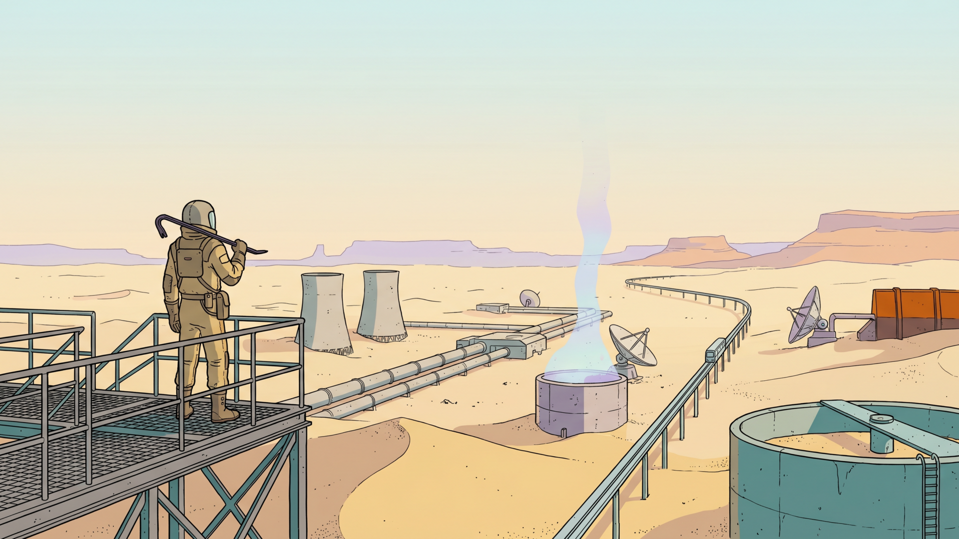 Illustration in the Sable / Mœbius style: a lone figure in a hazard suit rests a crowbar on their shoulder while overlooking a vast half-buried desert research complex with cooling towers and an elevated monorail tram stretching toward distant mesas.