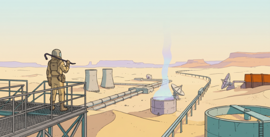 Illustration in the Sable / Mœbius style: a lone figure in a hazard suit rests a crowbar on their shoulder while overlooking a vast half-buried desert research complex with cooling towers and an elevated monorail tram stretching toward distant mesas.