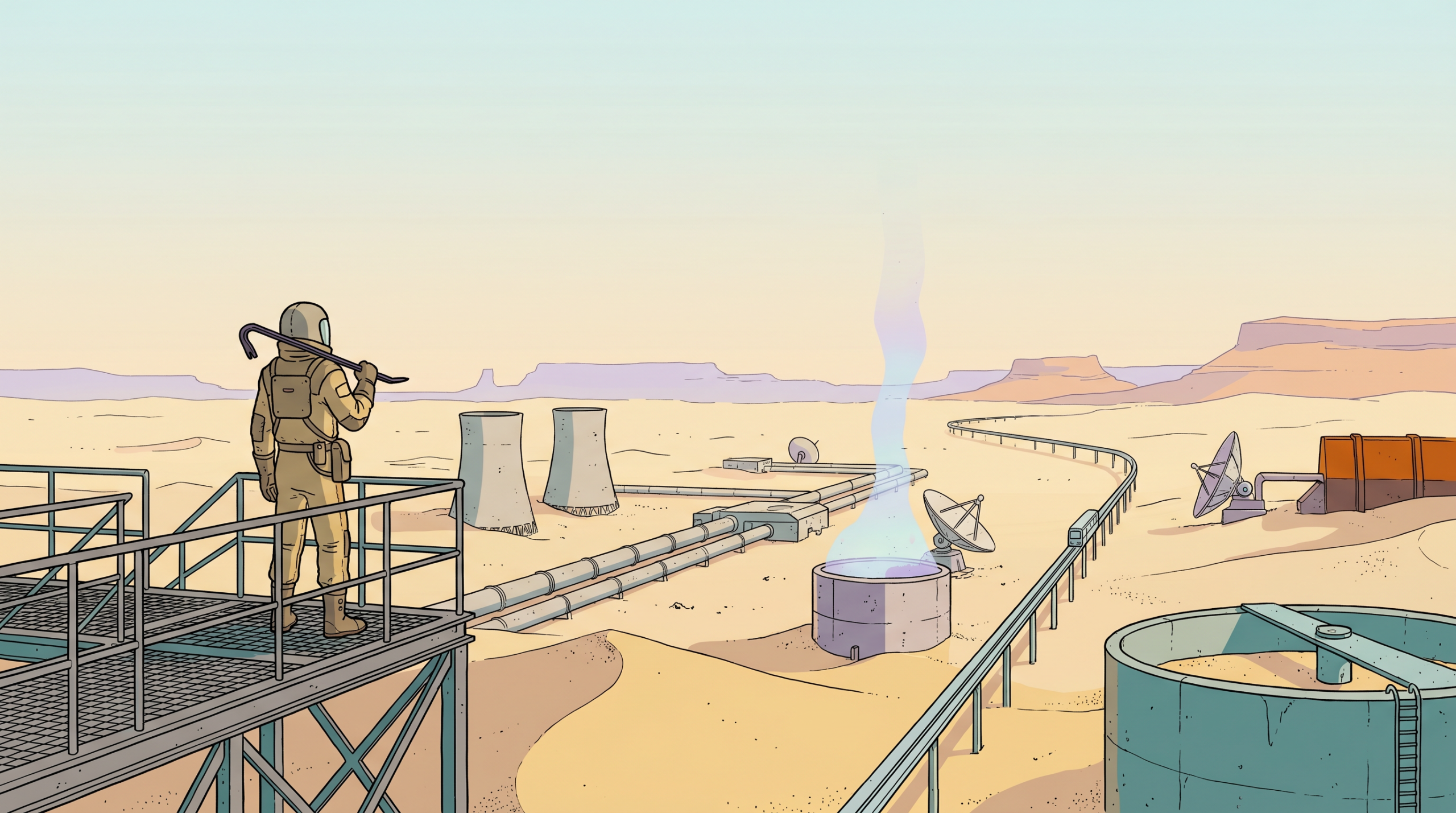 Illustration in the Sable / Mœbius style: a lone figure in a hazard suit rests a crowbar on their shoulder while overlooking a vast half-buried desert research complex with cooling towers and an elevated monorail tram stretching toward distant mesas.