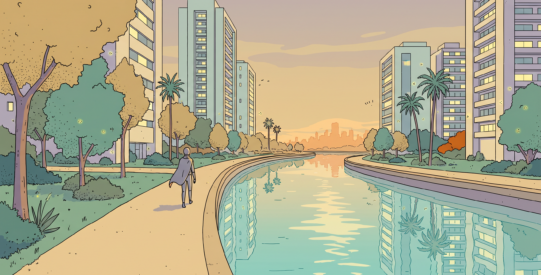 Illustration in the Sable / Mœbius style: a lone figure walks a quiet tree-lined canal path at twilight through a modern green suburban district, sleek glowing apartment towers reflected in the still water, a distant city glow on the horizon.