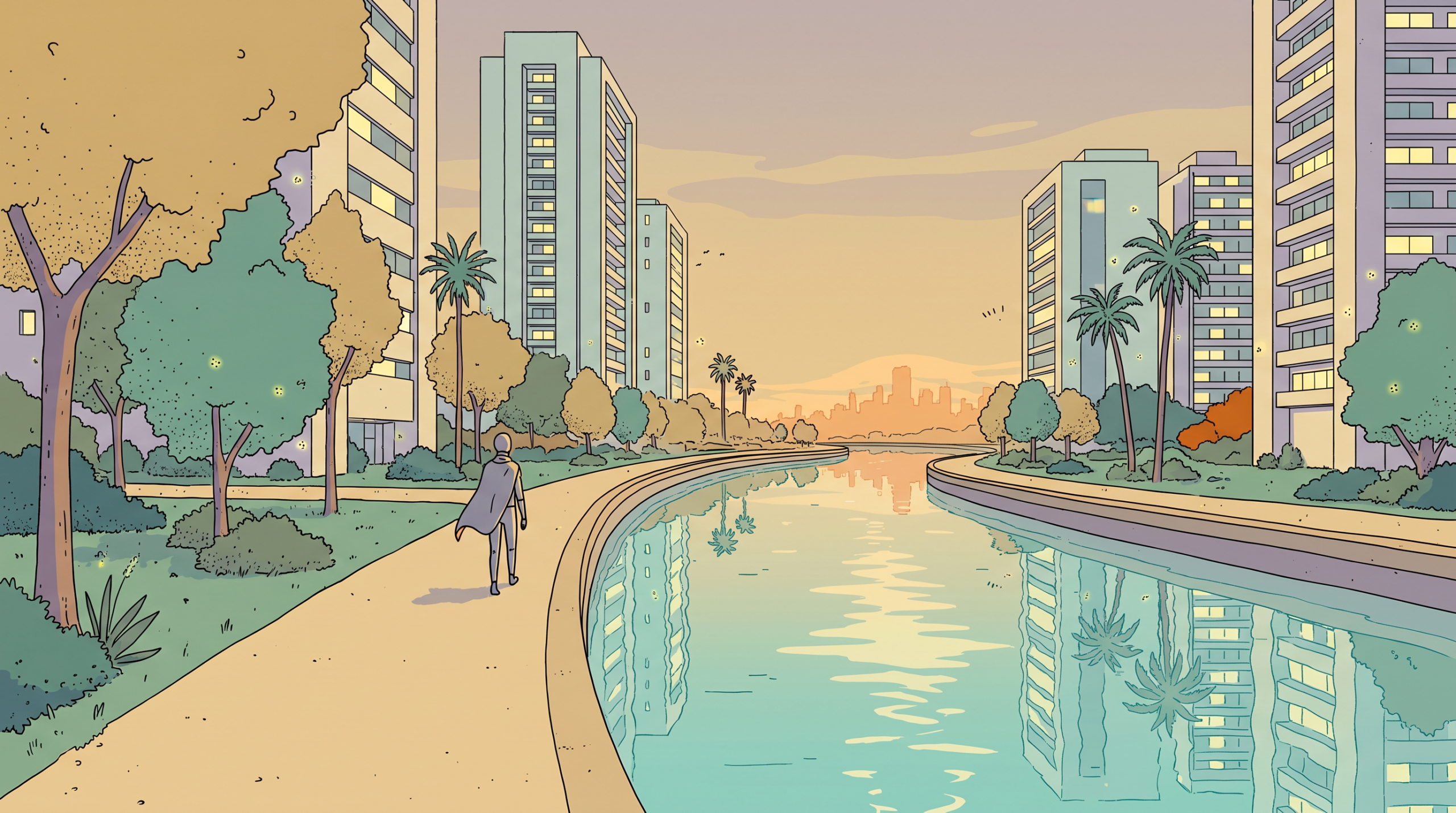 Illustration in the Sable / Mœbius style: a lone figure walks a quiet tree-lined canal path at twilight through a modern green suburban district, sleek glowing apartment towers reflected in the still water, a distant city glow on the horizon.