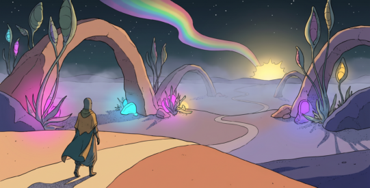 Illustration in the Sable / Mœbius style: a lone figure walks a winding forking path into a misty night desert-jungle lit by pools of magenta, cyan, violet and gold neon, a rainbow aurora ribboning across the dark sky toward a distant glowing sun.