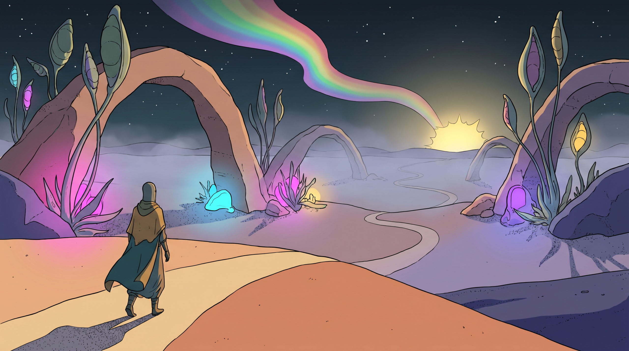 Illustration in the Sable / Mœbius style: a lone figure walks a winding forking path into a misty night desert-jungle lit by pools of magenta, cyan, violet and gold neon, a rainbow aurora ribboning across the dark sky toward a distant glowing sun.