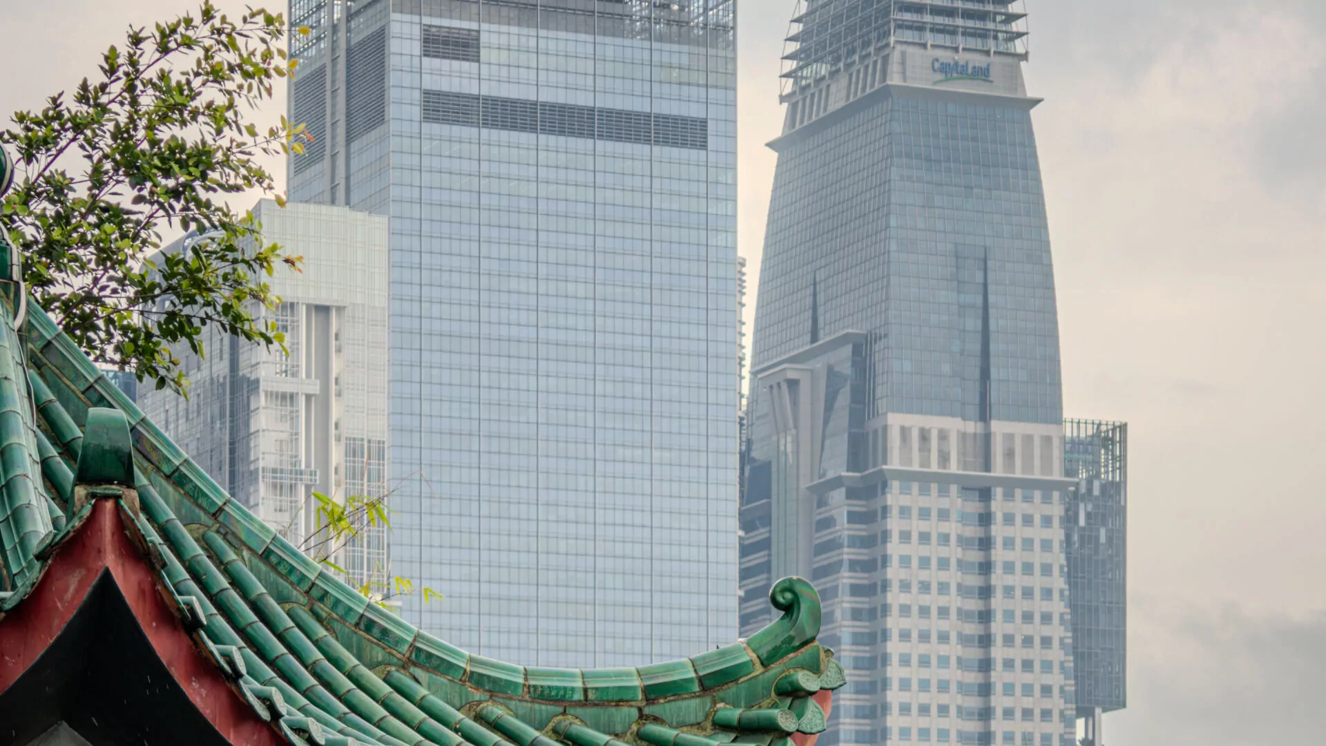 The view from the pedestrian Garden Link Bridge across Chinatown toward the downtown block.