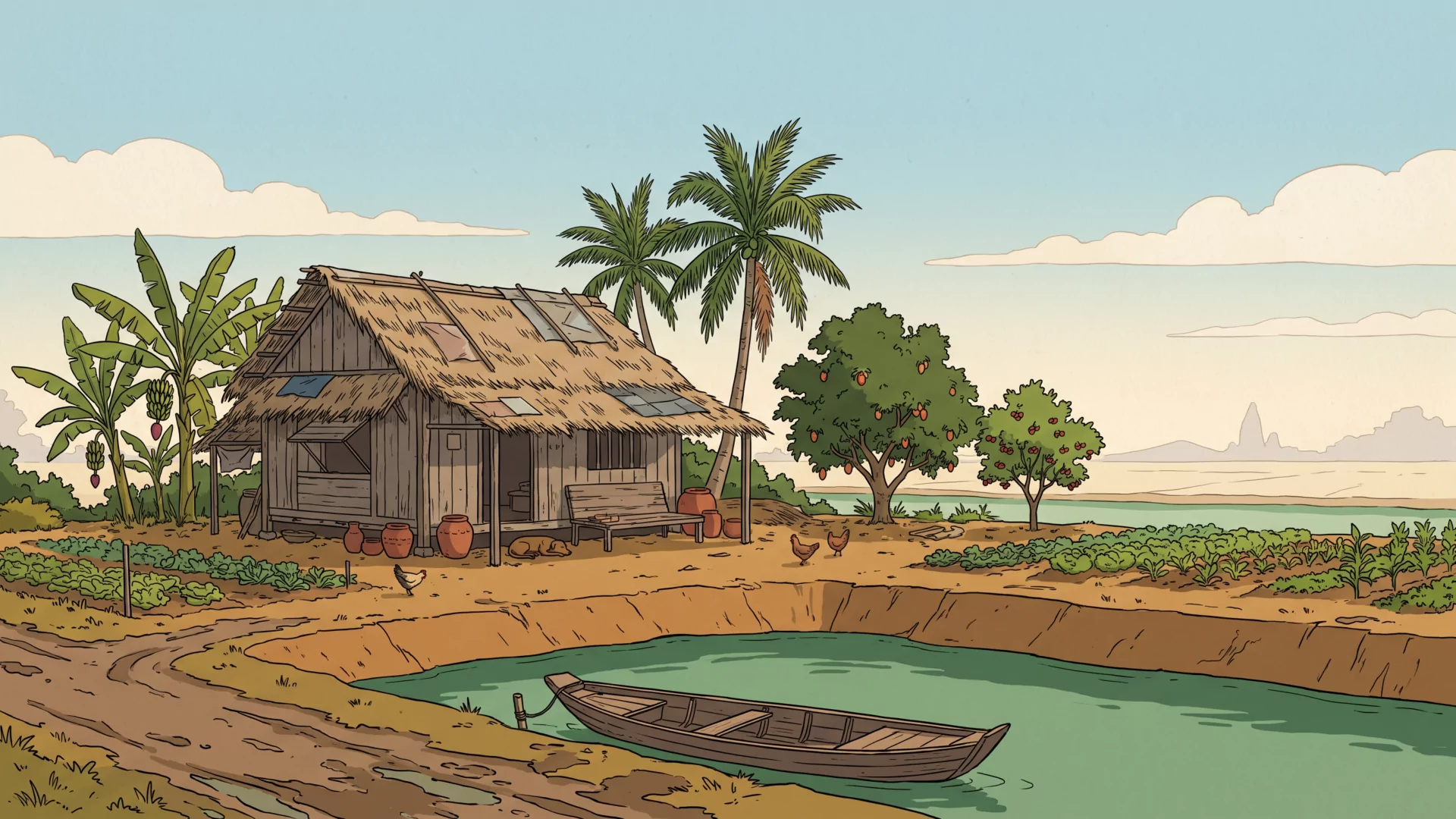 A humble earth-floored timber house with a dried-palm-leaf roof beside a canal, ringed by banana plants, coconut palms, a dog and chickens.