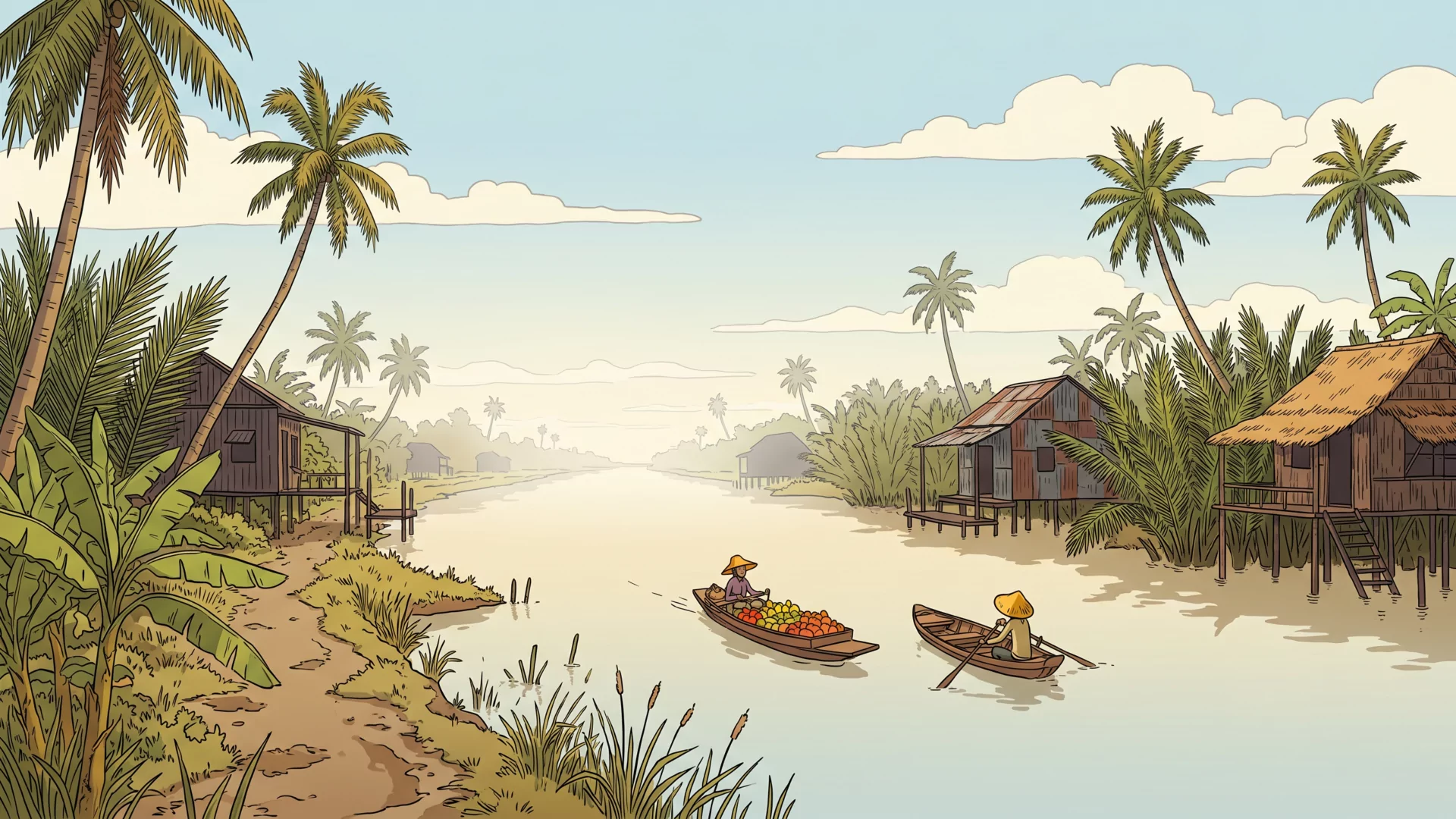 A calm Mekong Delta canal lined with nipa palm and stilt houses, small wooden vendor boats drifting along the water.