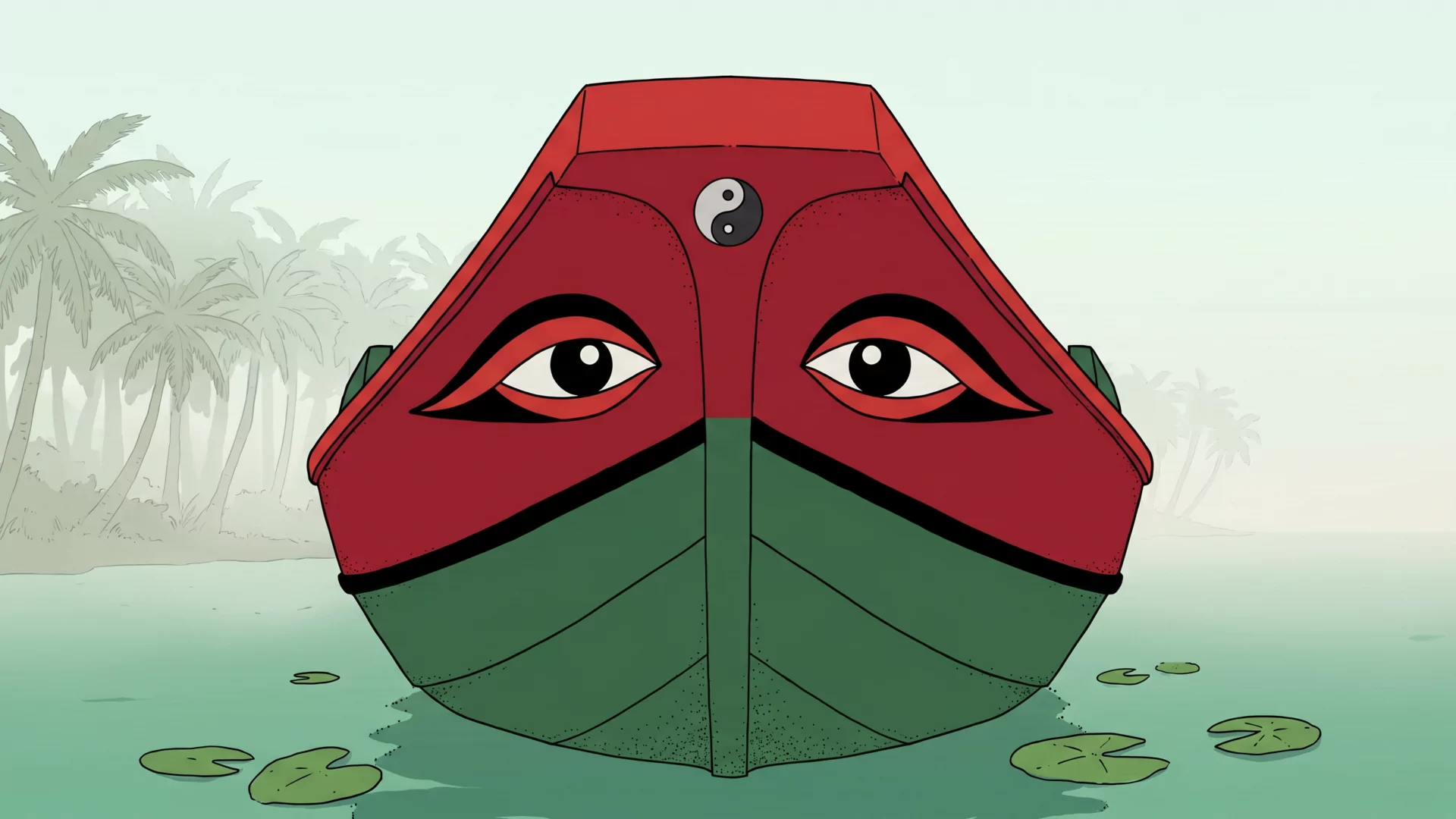 The painted red prow of a wooden delta boat seen head-on, traditional protective eyes (mắt thuyền) staring down at the water.
