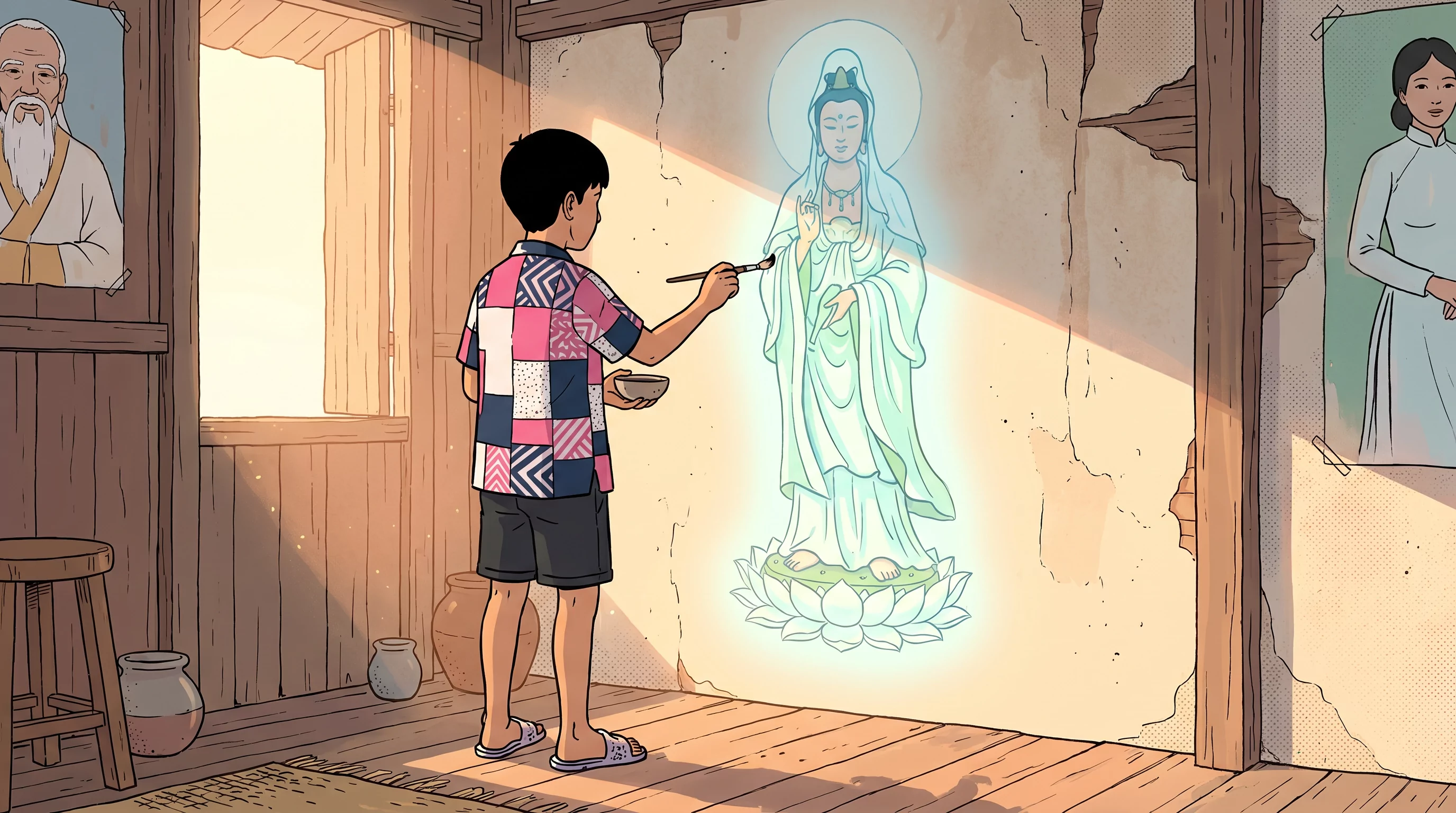 A Vietnamese teenager in a patchwork shirt paints a glowing mural of the goddess Quan Âm onto the timber wall of his home.