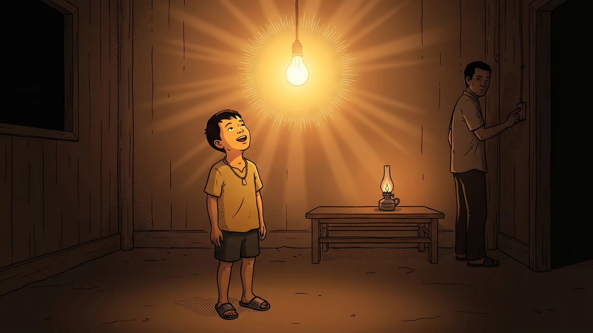 A small boy gazes up in wonder at a bare bulb glowing for the first time, his father's hand still on the switch.