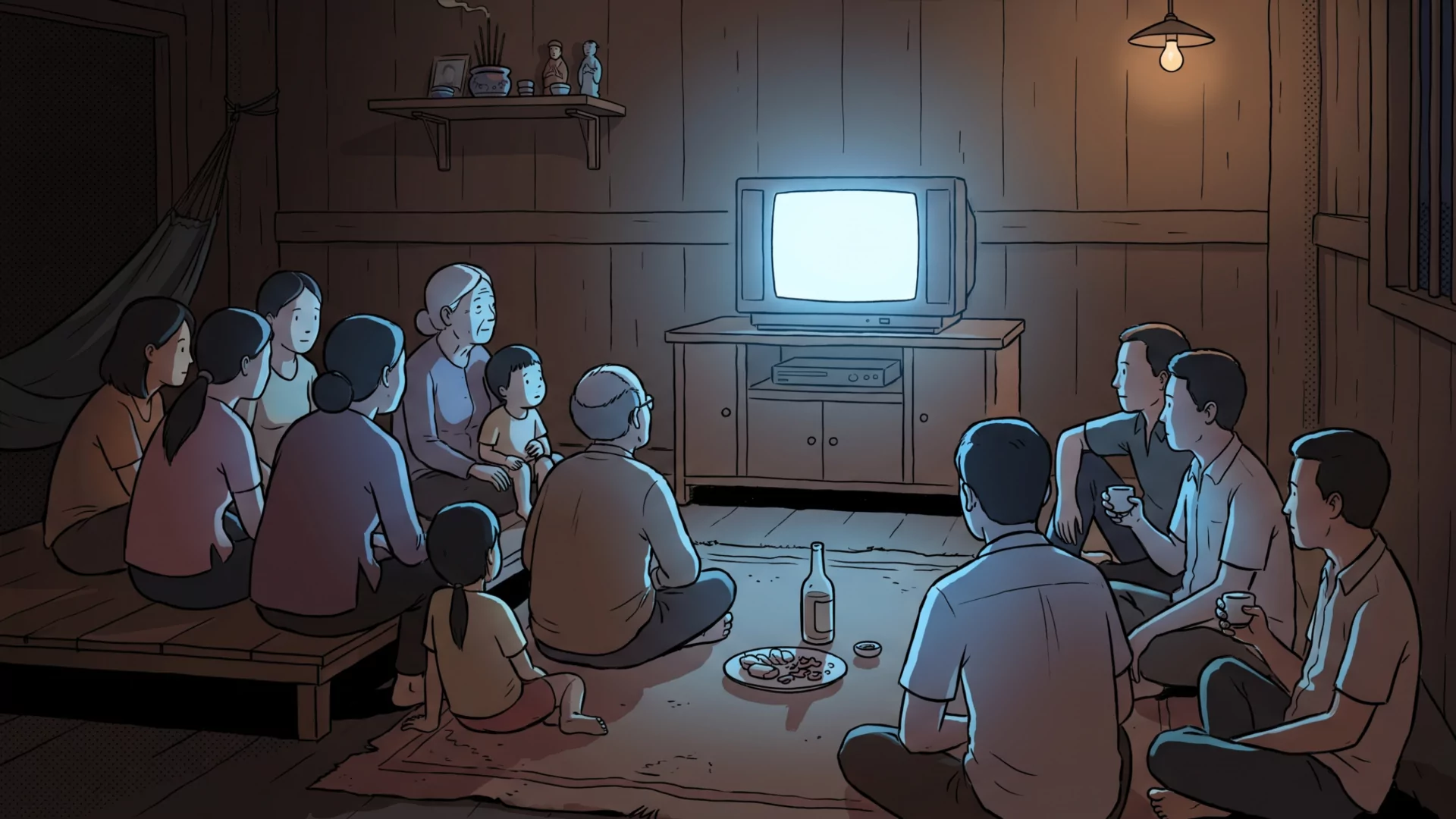 A rural Vietnamese family and neighbours gathered on the floor in the dark, lit only by the blue glow of one old television.