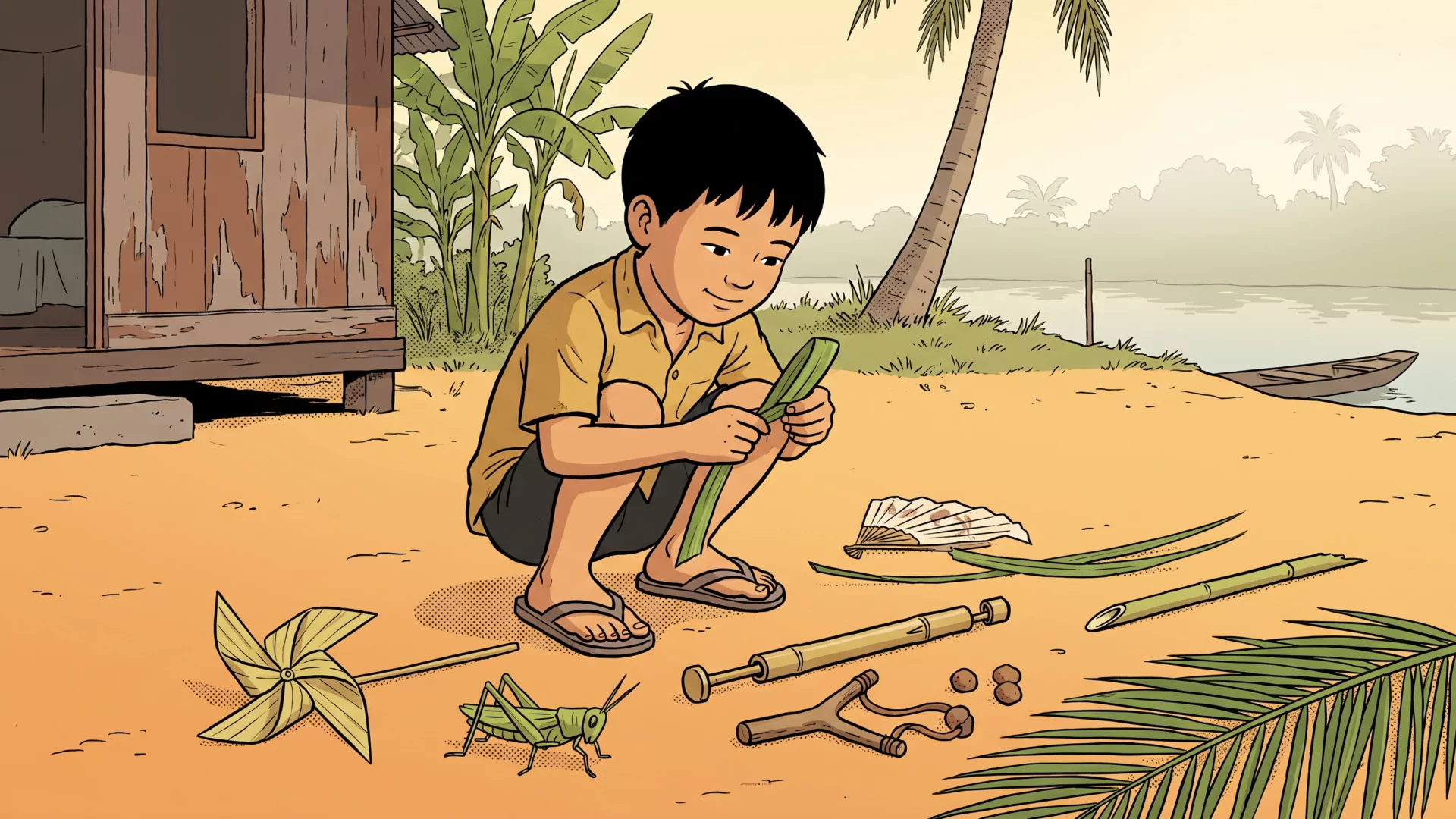 A boy squats on bare earth making toys from palm leaves and bamboo, a handmade pinwheel, grasshopper and slingshot around him.