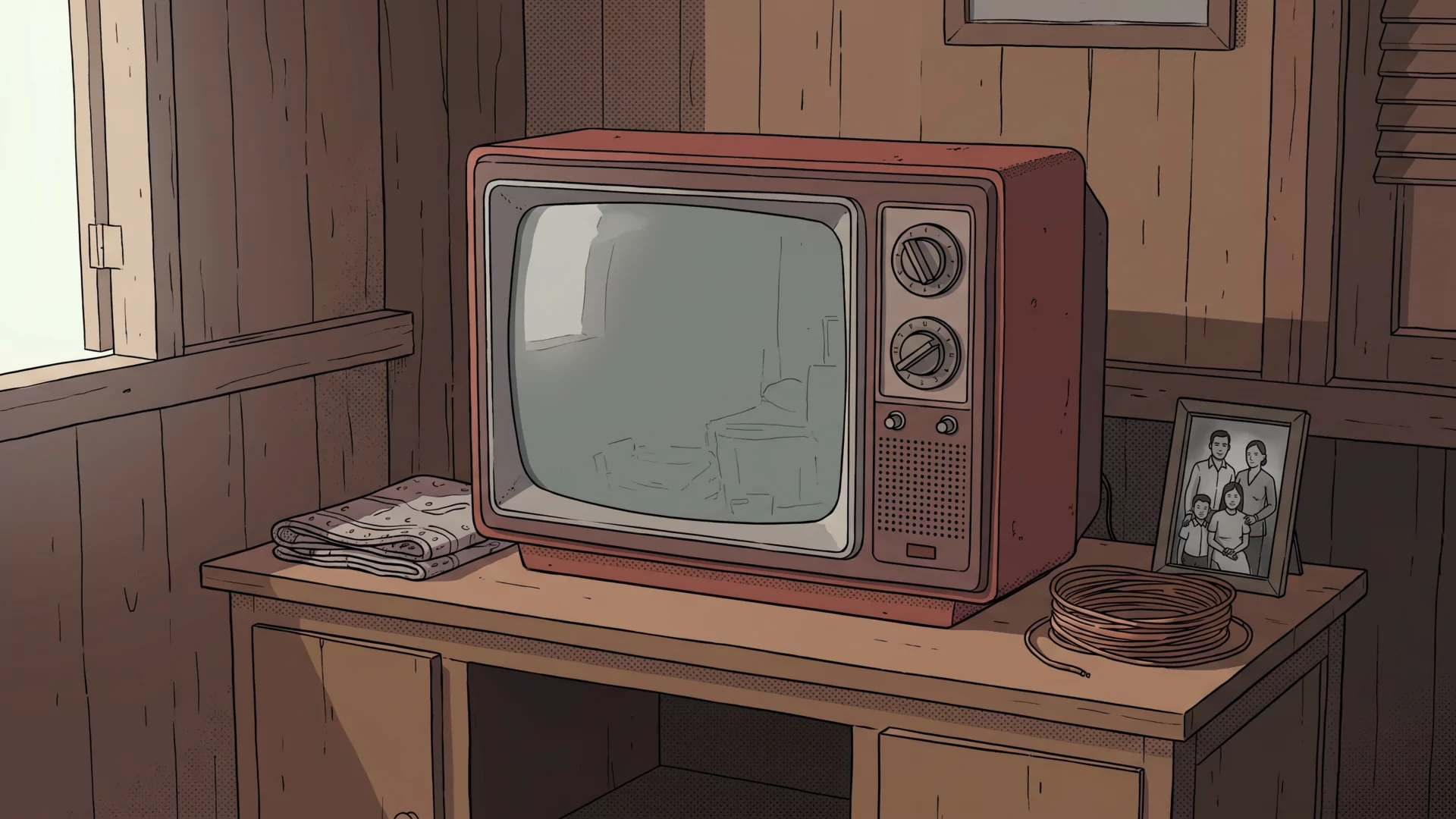 An old red-cased cathode-ray television, long switched off but kept for decades, sitting on a wooden shelf in a delta home.
