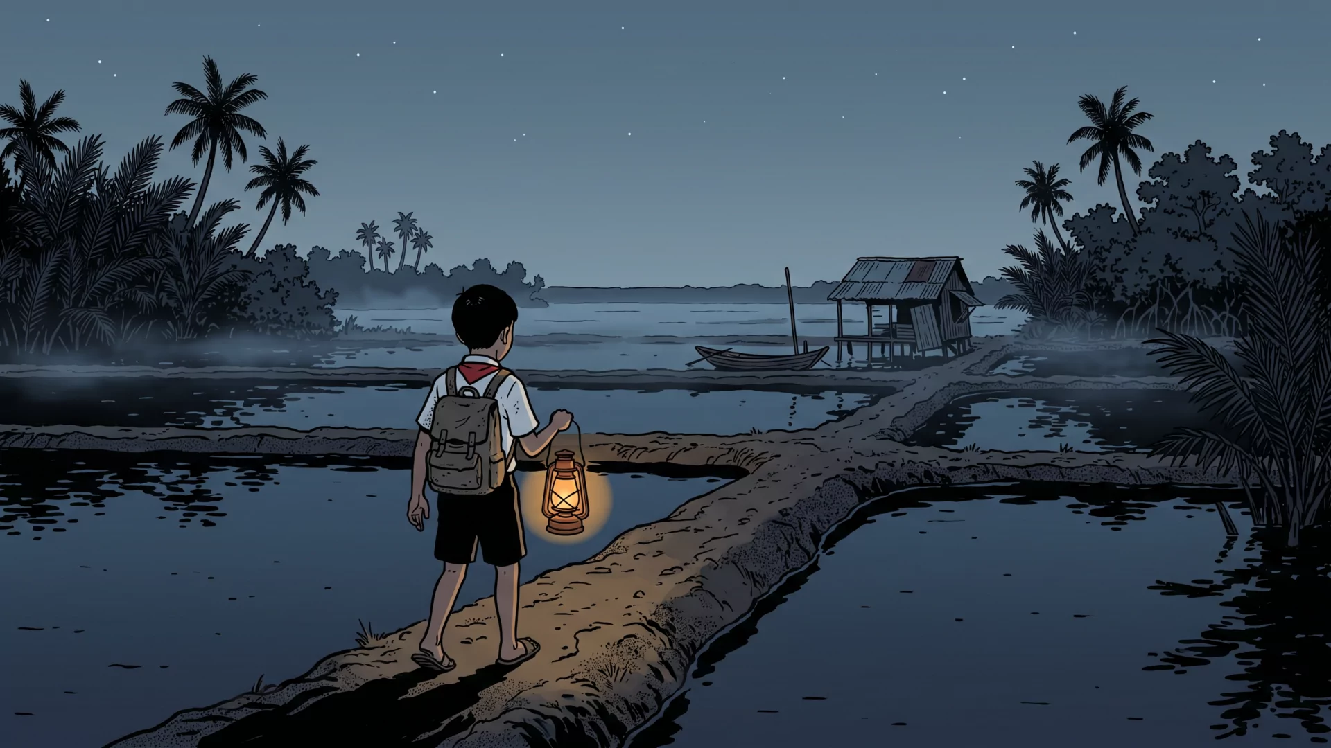 A small boy in a school uniform walks a muddy delta dyke before dawn, carrying an oil lamp between two dark canals.