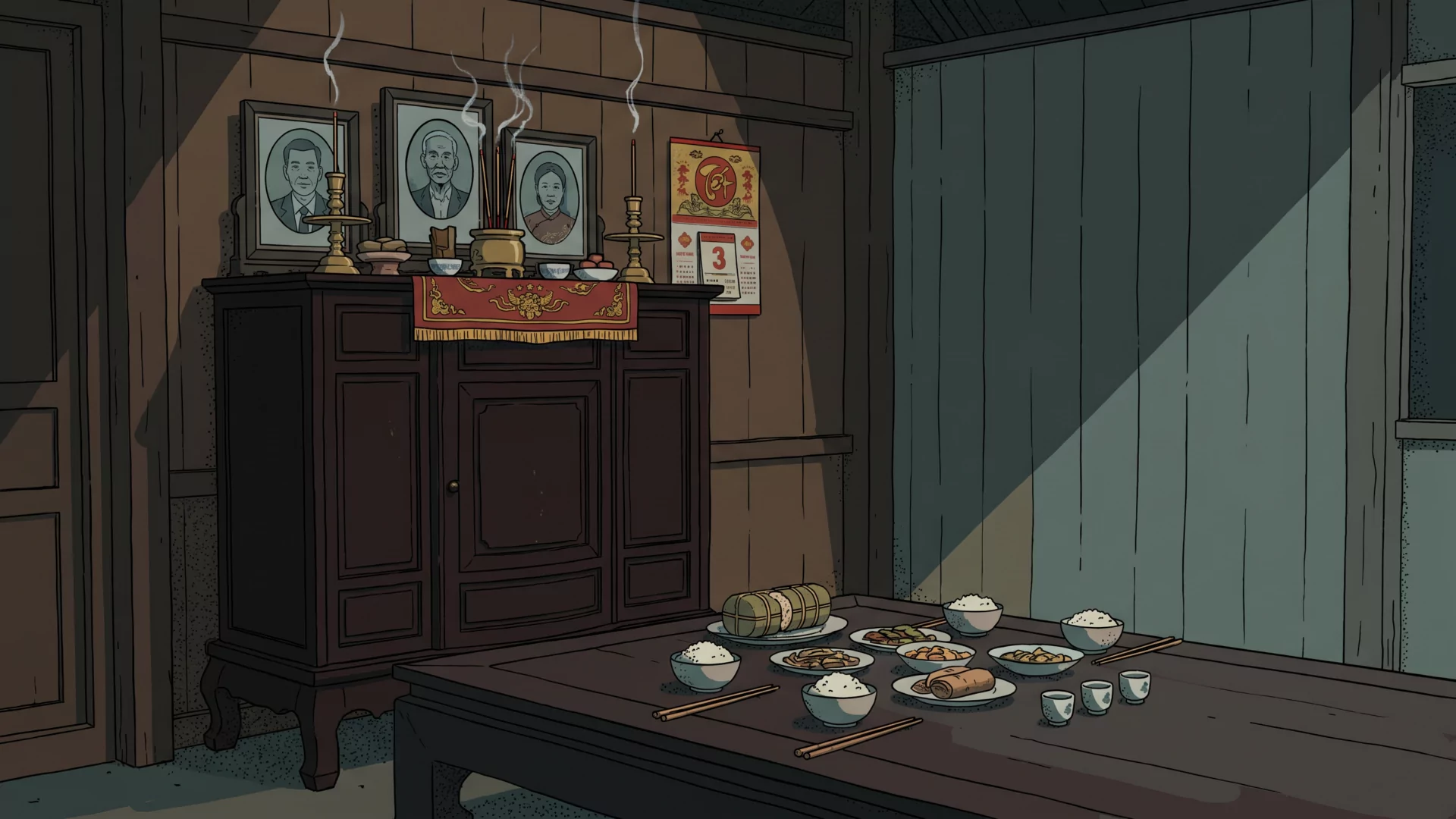 A Vietnamese ancestor altar with framed portraits and incense, an offering meal set with empty bowls and chopsticks for unseen guests.