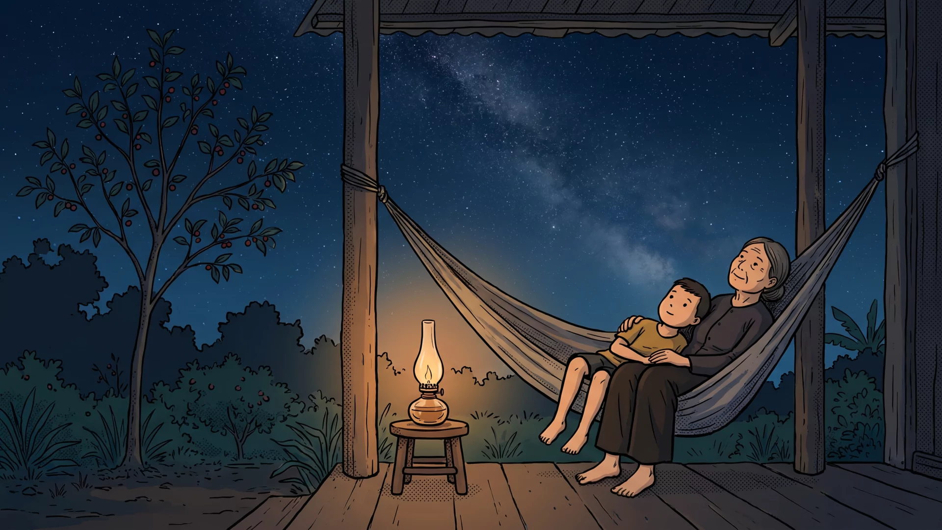 A grandmother and her grandson lie in a hammock beneath a vast star-filled delta sky, wrapped in the glow of a small oil lamp.