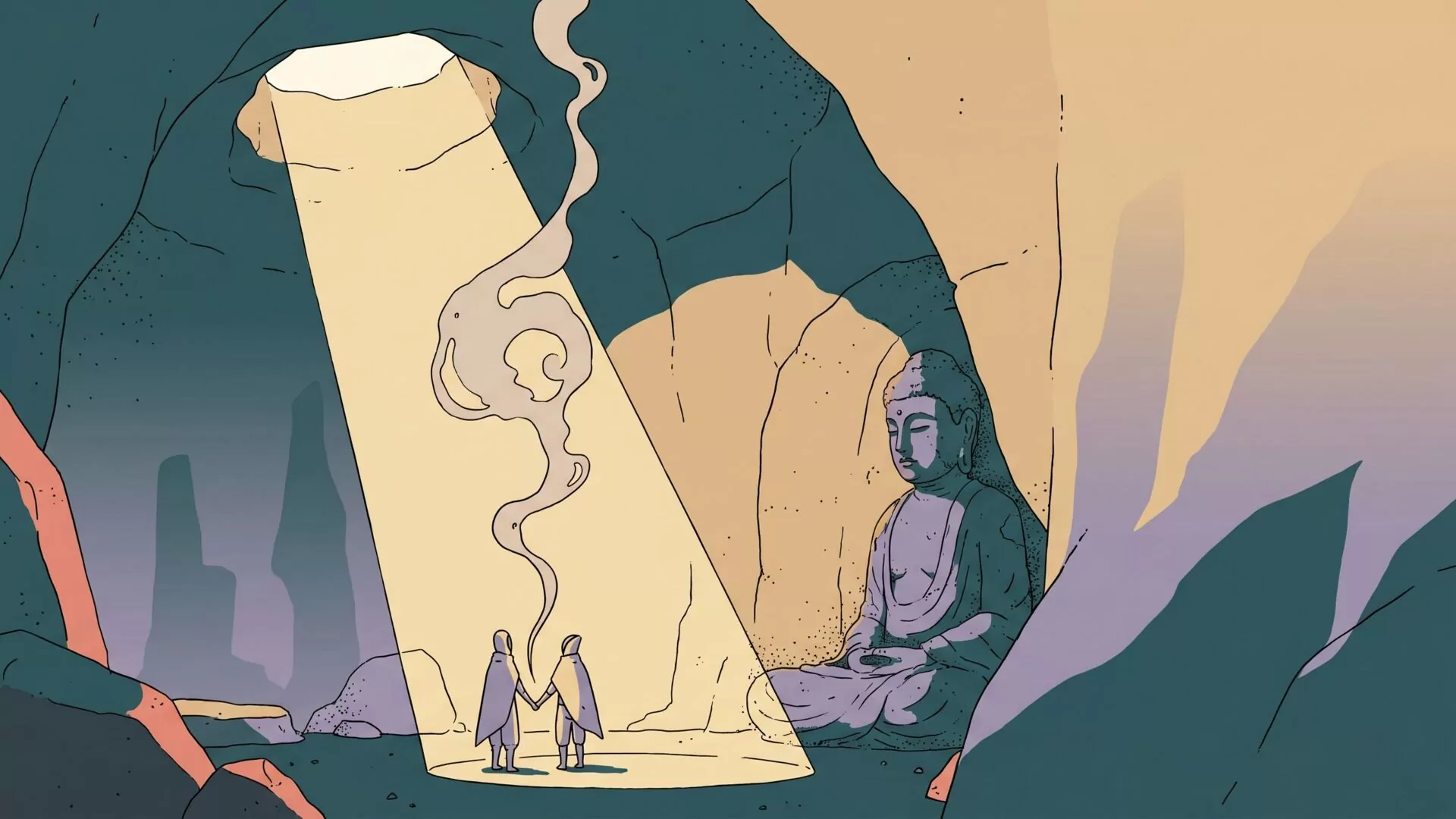 Two small figures stand from behind holding hands at the edge of a shaft of daylight falling into a dim limestone cave temple, incense smoke hanging in the beam