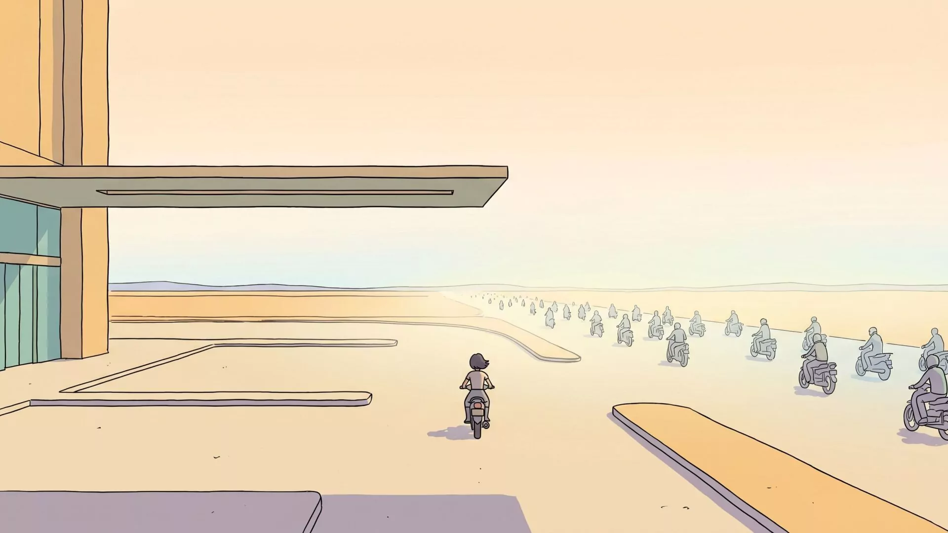A lone short-haired motorbike rider seen from behind merges into morning traffic without looking back, viewed from an empty airport forecourt