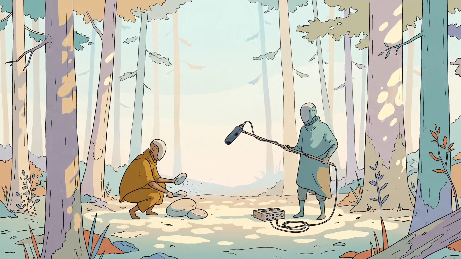 Two people recording foley in a temperate forest, one crouched striking stones while the other holds a boom microphone, drawn in a flat-colour Sable style
