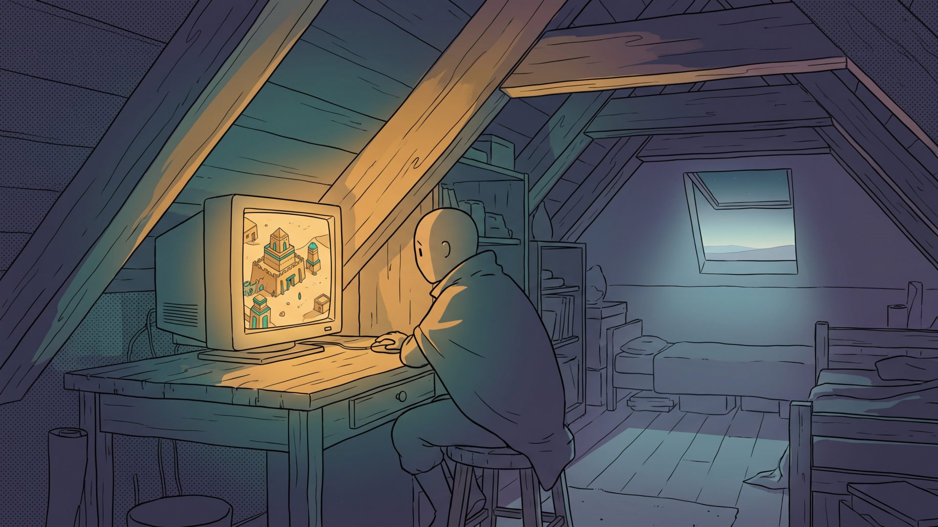 A young boy hunched at a glowing CRT monitor in a dark attic bedroom at four in the morning, playing an isometric strategy game, drawn in a flat-colour Sable art style with warm screen-light against teal and lavender shadow