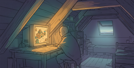 A young boy hunched at a glowing CRT monitor in a dark attic bedroom at four in the morning, playing an isometric strategy game, drawn in a flat-colour Sable art style with warm screen-light against teal and lavender shadow