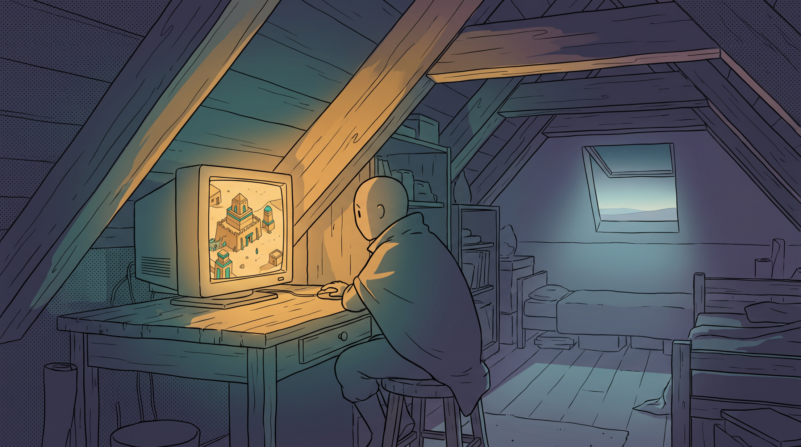 A young boy hunched at a glowing CRT monitor in a dark attic bedroom at four in the morning, playing an isometric strategy game, drawn in a flat-colour Sable art style with warm screen-light against teal and lavender shadow