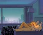 Two simplified figures lie close on a bed in a dark hotel room at night, each holding a softly glowing phone, with a small gap of duvet between them, in a flat ligne-claire style
