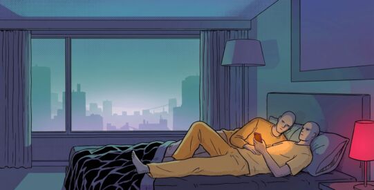 Two simplified figures lie close on a bed in a dark hotel room at night, each holding a softly glowing phone, with a small gap of duvet between them, in a flat ligne-claire style
