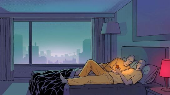Two simplified figures lie close on a bed in a dark hotel room at night, each holding a softly glowing phone, with a small gap of duvet between them, in a flat ligne-claire style