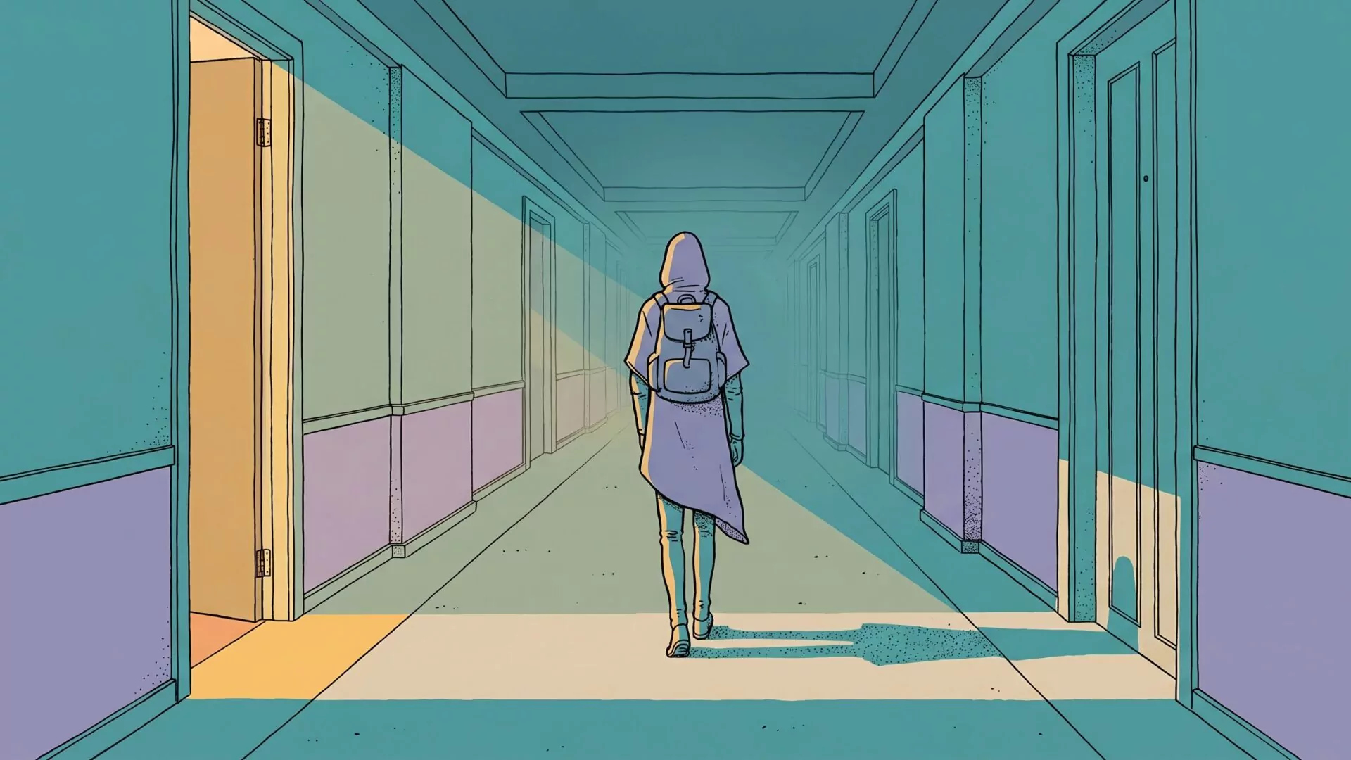 A lone figure walks away down a dim hotel corridor at night as a single open door spills warm light across the floor