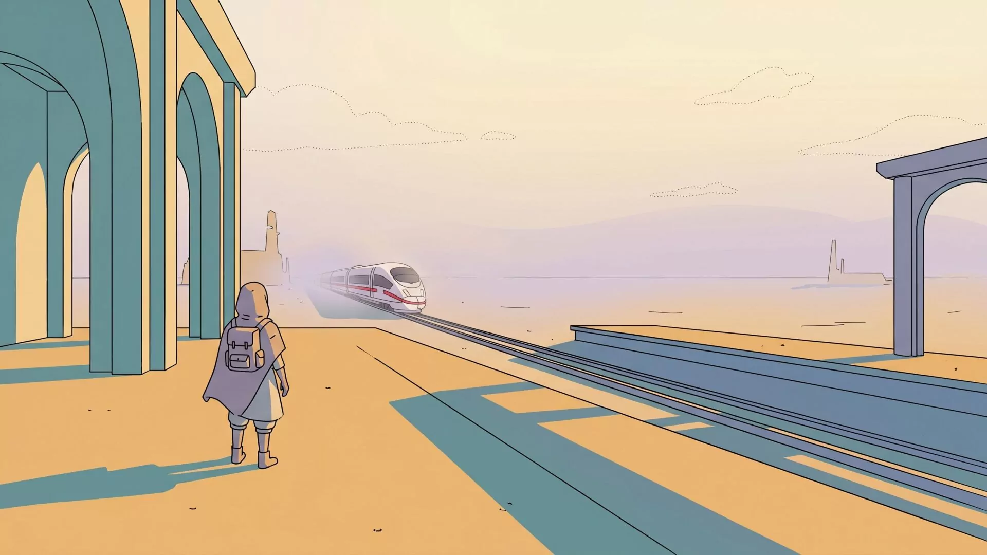 A lone traveller stands on an empty railway platform at dusk watching a train recede into the hazy distance