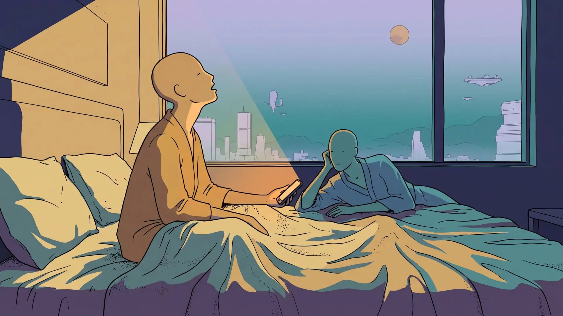 One simplified figure sits up on a hotel bed at night singing with his head tilted back while the other lies beside him watching, a phone glowing warm between them
