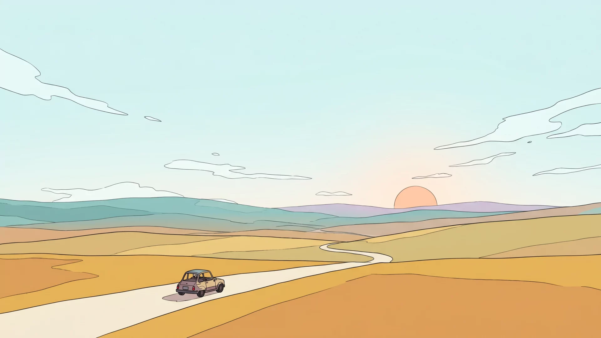 A small car travels a lone curving road through rolling golden summer fields under a vast open sky