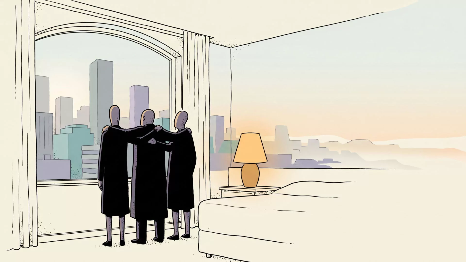 Three simplified figures stand close together at a hotel window looking out over a hazy grey dawn cityscape