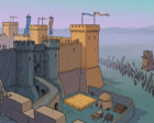 A Sable-style illustration of a besieged fortress at dusk, mixing a Tolkienesque stone keep with a Crusader desert castle, a tiny granary and wheat field at the wall's foot, a huge simplified army with siege engines approaching, and a lone defender watching from the near tower.