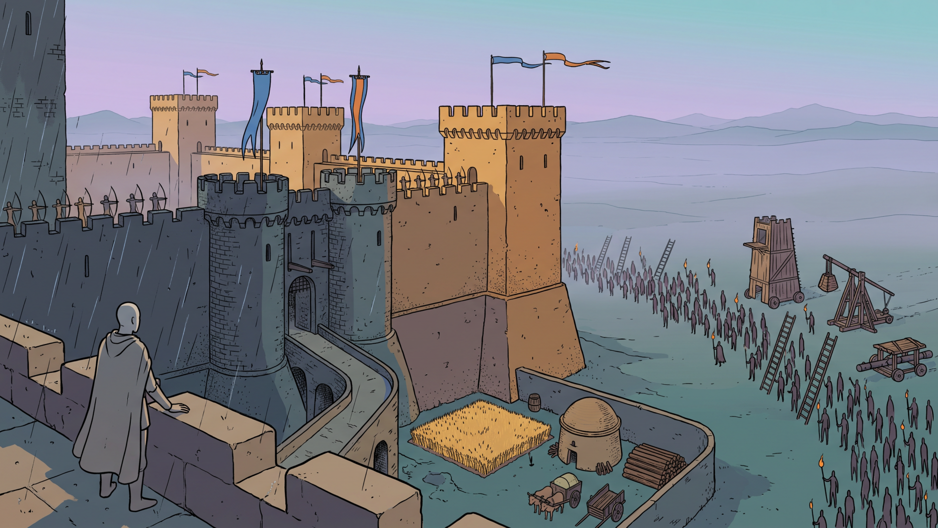 A Sable-style illustration of a besieged fortress at dusk, mixing a Tolkienesque stone keep with a Crusader desert castle, a tiny granary and wheat field at the wall's foot, a huge simplified army with siege engines approaching, and a lone defender watching from the near tower.