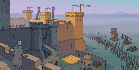 A Sable-style illustration of a besieged fortress at dusk, mixing a Tolkienesque stone keep with a Crusader desert castle, a tiny granary and wheat field at the wall's foot, a huge simplified army with siege engines approaching, and a lone defender watching from the near tower.
