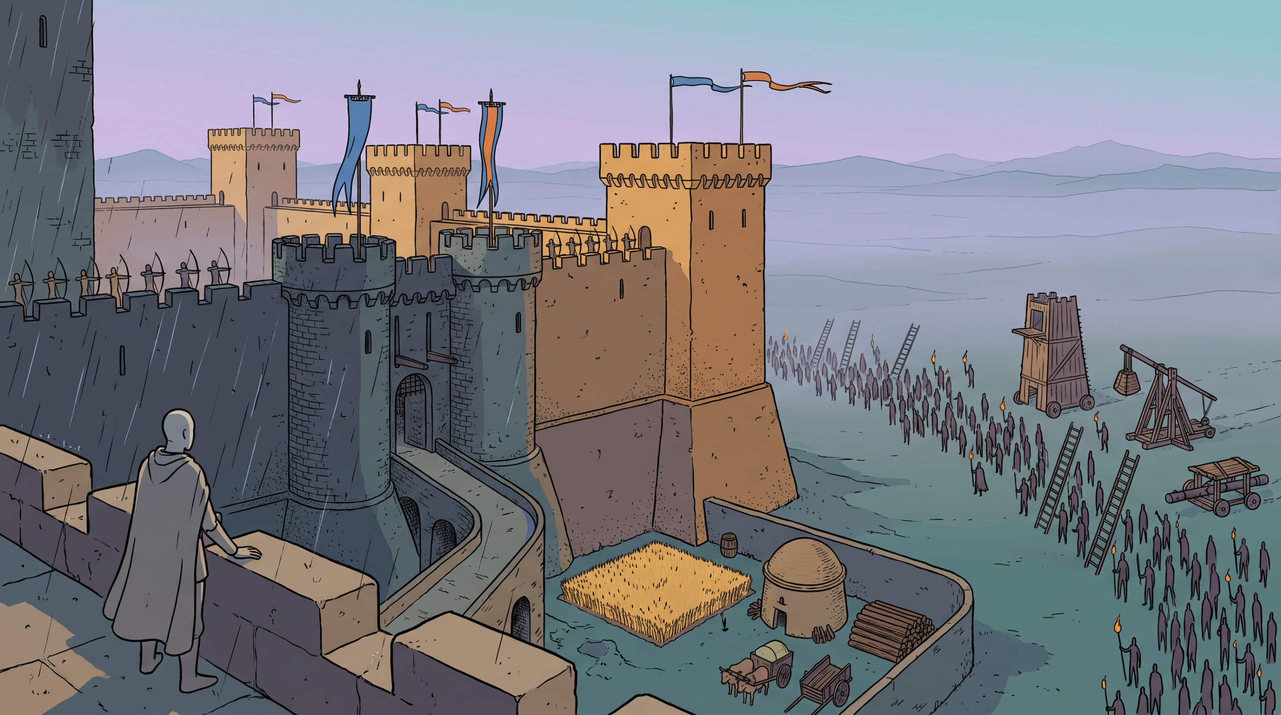 A Sable-style illustration of a besieged fortress at dusk, mixing a Tolkienesque stone keep with a Crusader desert castle, a tiny granary and wheat field at the wall's foot, a huge simplified army with siege engines approaching, and a lone defender watching from the near tower.