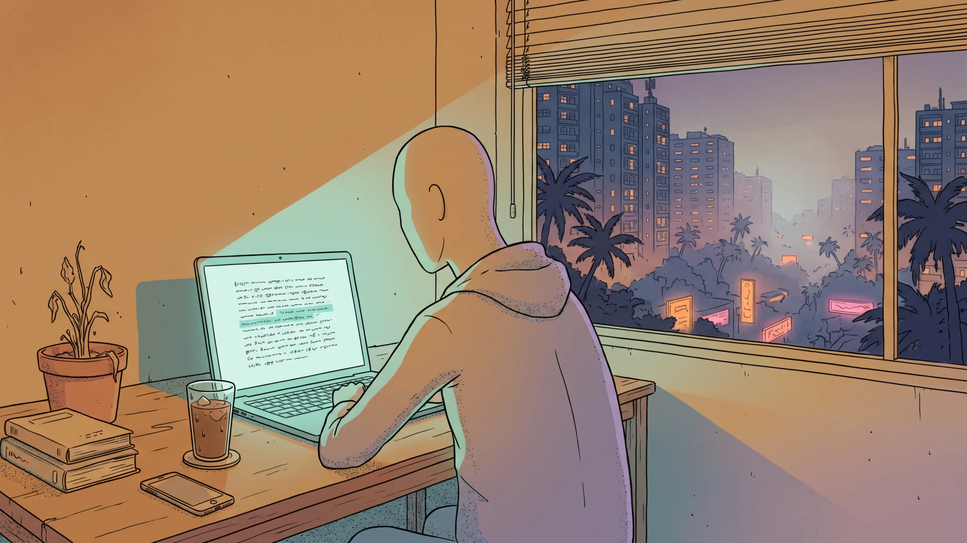 A person seen from behind at a desk at night, hunched over a laptop that is the only cool light in a warm dark room, with a tropical city of lit towers and neon signs visible through the window beside them