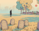 A walled city cemetery on a still morning, worn blank gravestones in the foreground and a lone figure standing on a wide empty patch of lawn where no stones are, with Berlin apartment blocks hazing out behind the wall