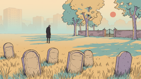 A walled city cemetery on a still morning, worn blank gravestones in the foreground and a lone figure standing on a wide empty patch of lawn where no stones are, with Berlin apartment blocks hazing out behind the wall
