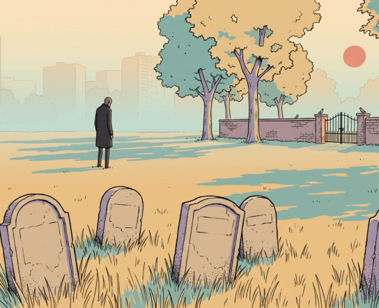 A walled city cemetery on a still morning, worn blank gravestones in the foreground and a lone figure standing on a wide empty patch of lawn where no stones are, with Berlin apartment blocks hazing out behind the wall