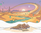 A lone figure sleeps on a rise of sand while a vivid full-colour dreamed landscape of dunes, ruined towers and drifting lights unfurls from their head and fades to bare line drawing at the frame edges.