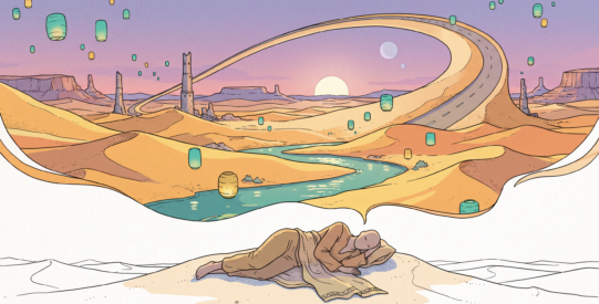 A lone figure sleeps on a rise of sand while a vivid full-colour dreamed landscape of dunes, ruined towers and drifting lights unfurls from their head and fades to bare line drawing at the frame edges.