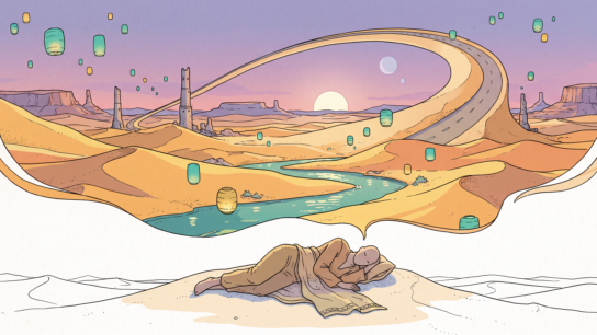 A lone figure sleeps on a rise of sand while a vivid full-colour dreamed landscape of dunes, ruined towers and drifting lights unfurls from their head and fades to bare line drawing at the frame edges.