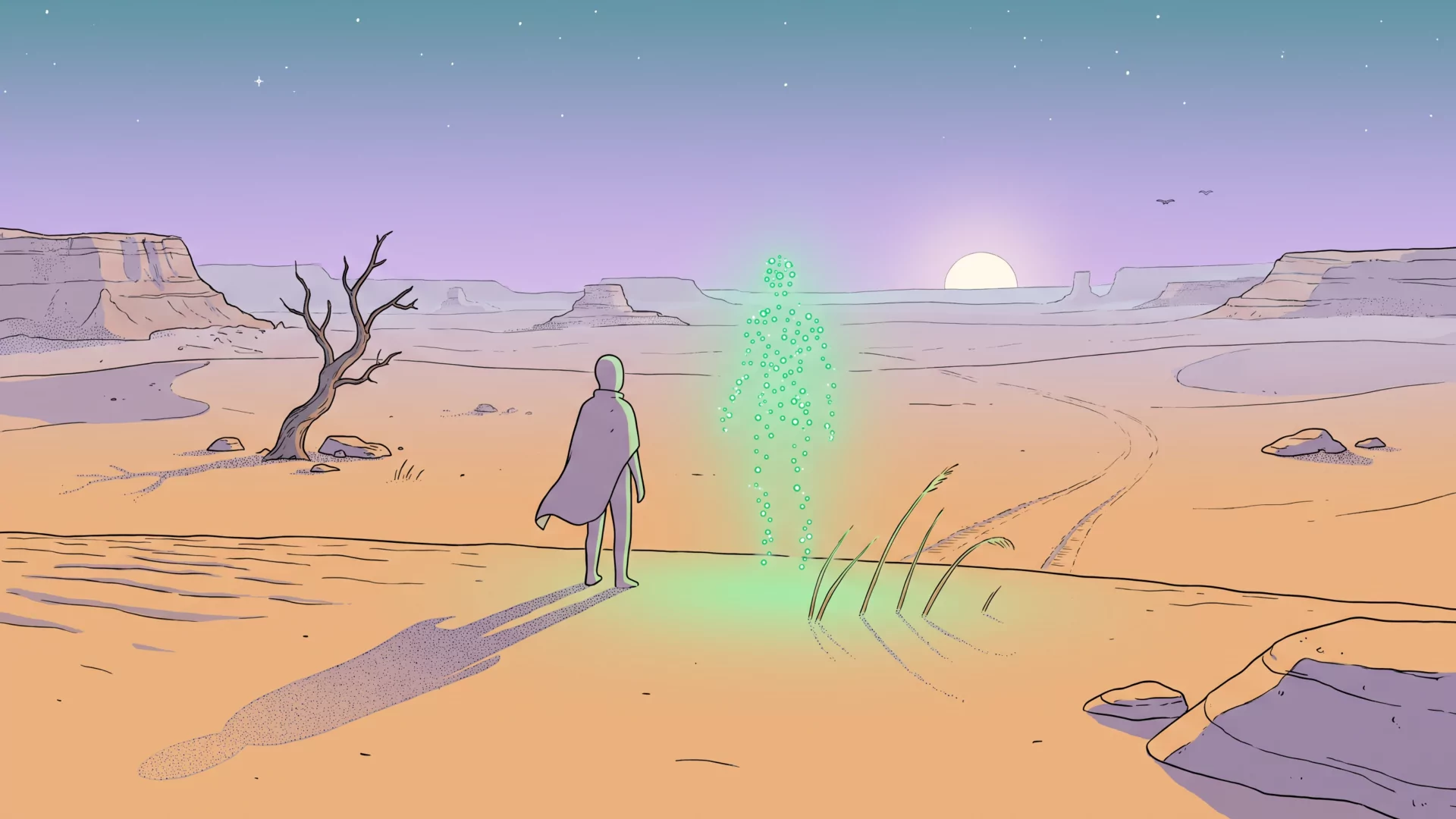 A person-shaped constellation of glowing jade-green dots hangs in the air beside a lone featureless figure seen from behind on a vast ochre desert plain at dusk.